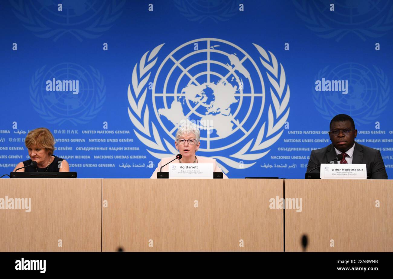 Ginevra, Svizzera. 5 giugno 2024. Il vice segretario generale dell'Organizzazione meteorologica Mondiale (OMD) Ko Barrett parla durante un briefing stampa a Ginevra, Svizzera, 5 giugno 2024. PER ANDARE AVANTI CON "Roundup: L'ONU avverte di potenziali violazioni della soglia climatica, chiede un'azione rapida" credito: Lian Yi/Xinhua/Alamy Live News Foto Stock