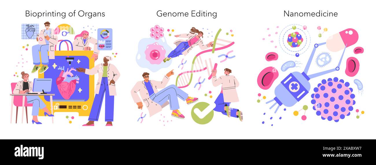 Set Future Medicine. Organi bioprinting, editing genomico e innovazioni nanomedicine. Professionisti medici che lavorano con tecnologie avanzate. Illustrazione vettoriale. Illustrazione Vettoriale
