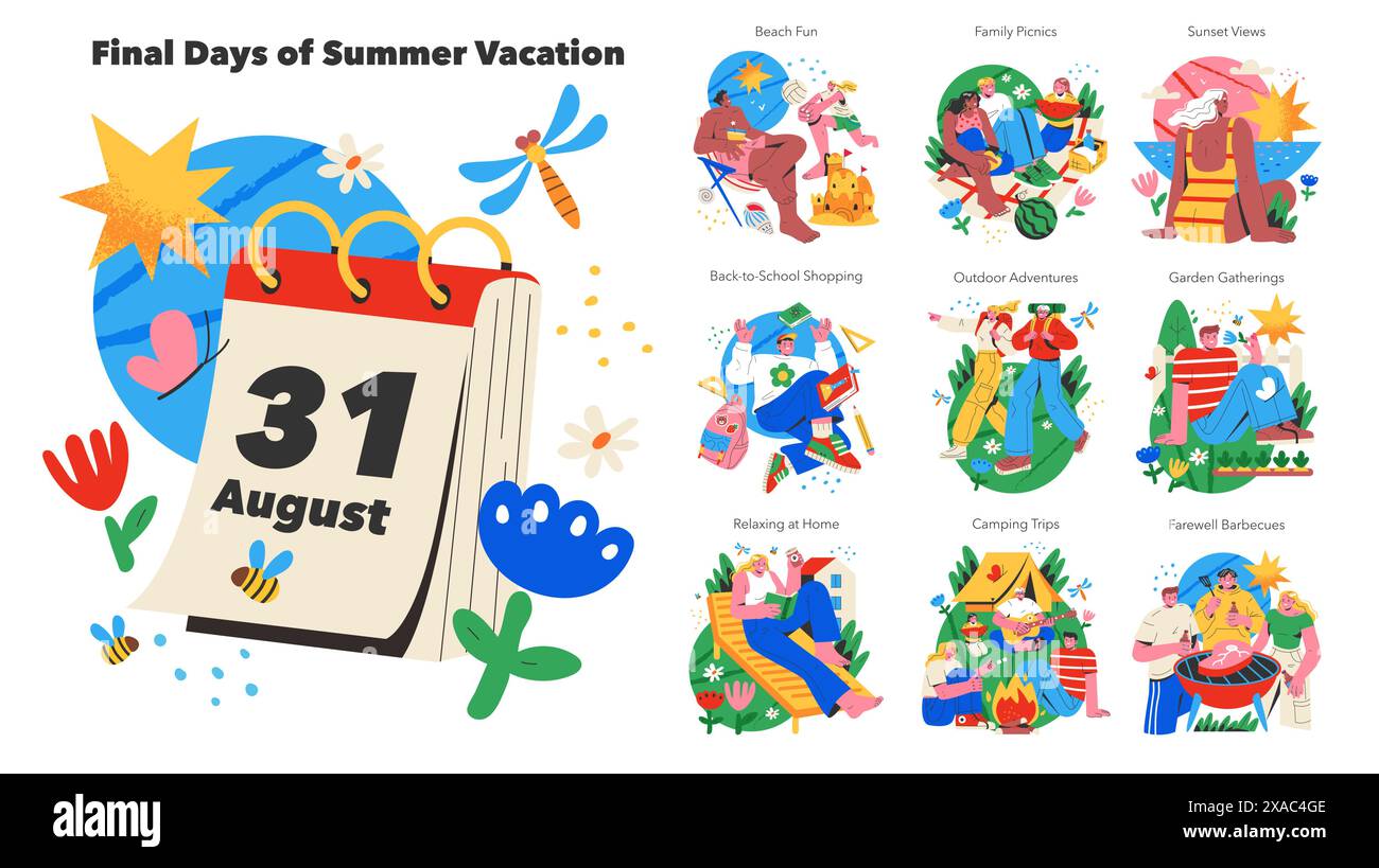 Set ultimi giorni di vacanza estiva. Cattura l'essenza del relax con divertimento in spiaggia, picnic e shopping di ritorno a scuola. Illustrazione vettoriale. Illustrazione Vettoriale