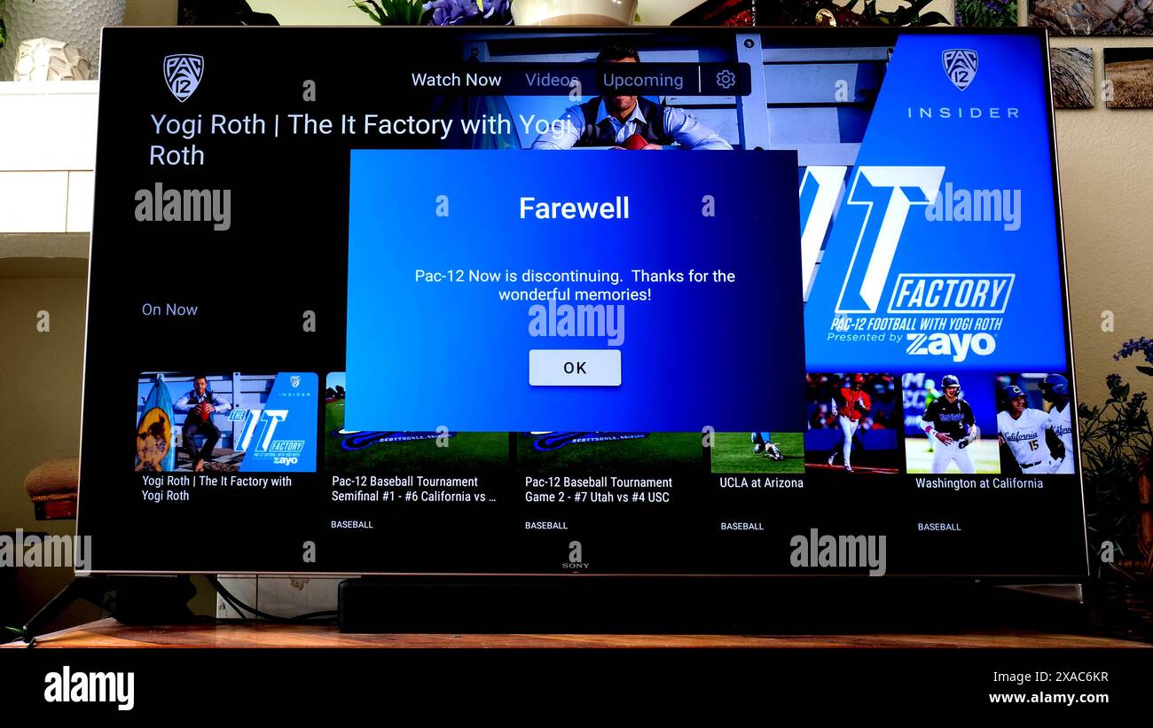 PAC-12 Network addio; rete televisiva digitale via cavo e satellitare orientata agli sport universitari di proprietà della PAC-12 Conference fine della trasmissione. Foto Stock