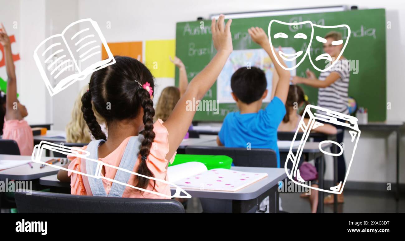 Immagine delle icone degli oggetti scolastici sopra gli studenti e l'insegnante in classe Foto Stock