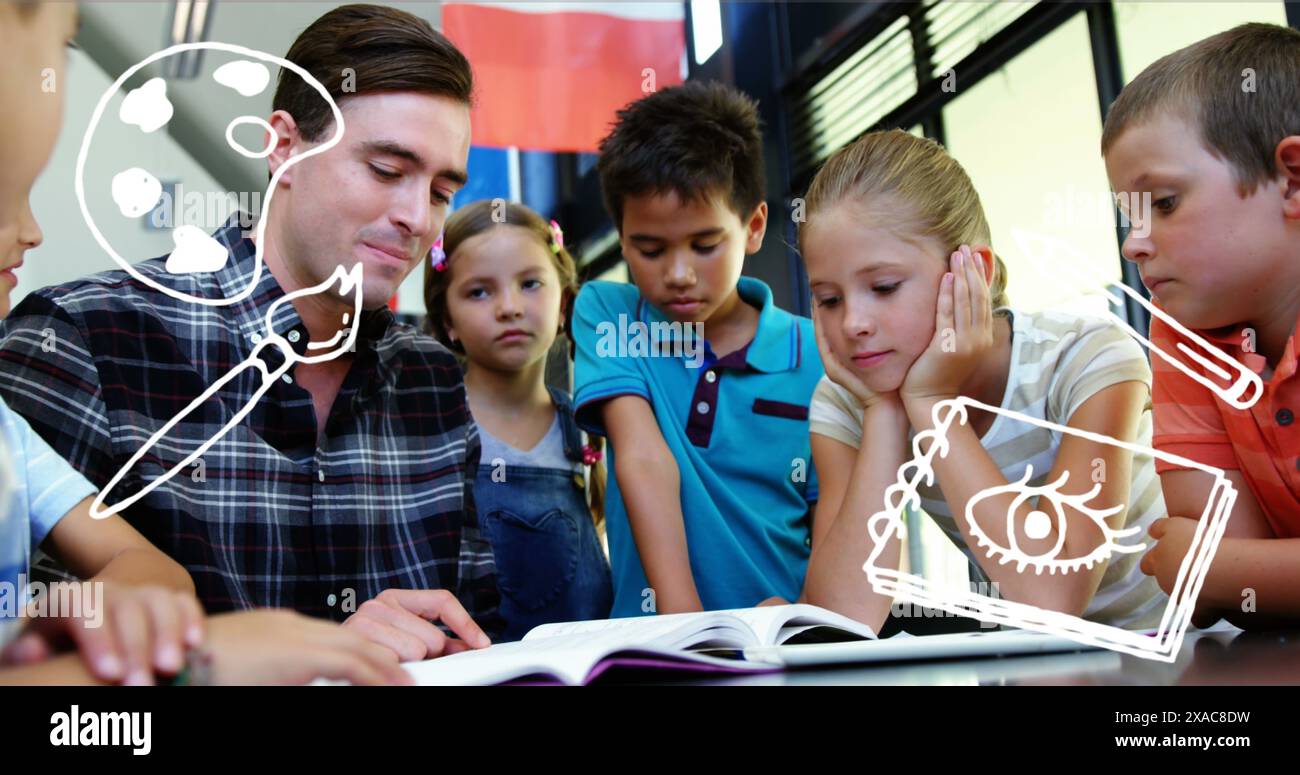 Immagine di icone del concetto d'arte contro un insegnante maschile caucasico che insegna diversi studenti a scuola Foto Stock