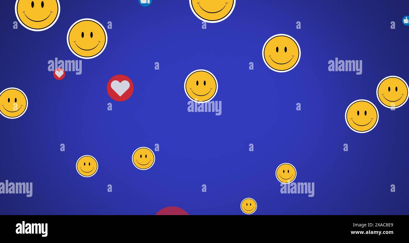 Immagine delle icone dei social media e delle emoji smiley su sfondo blu Foto Stock