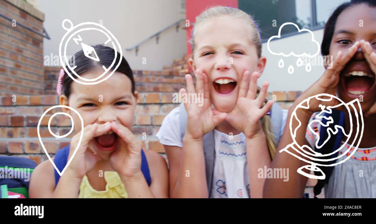 Immagine delle icone degli oggetti scolastici sugli studenti che urlano fuori Foto Stock