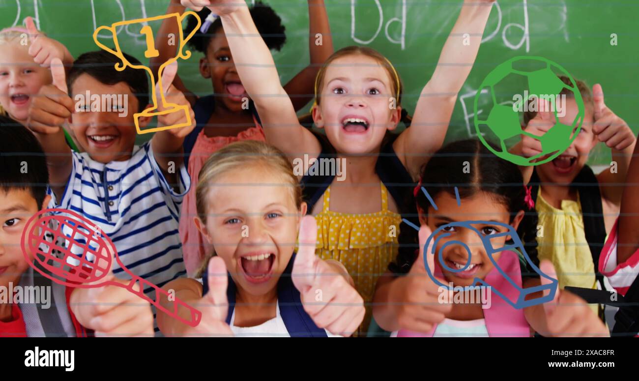 Immagine di icone di concetto sportivo contro diversi studenti che mostrano pollice in su alla scuola elementare Foto Stock