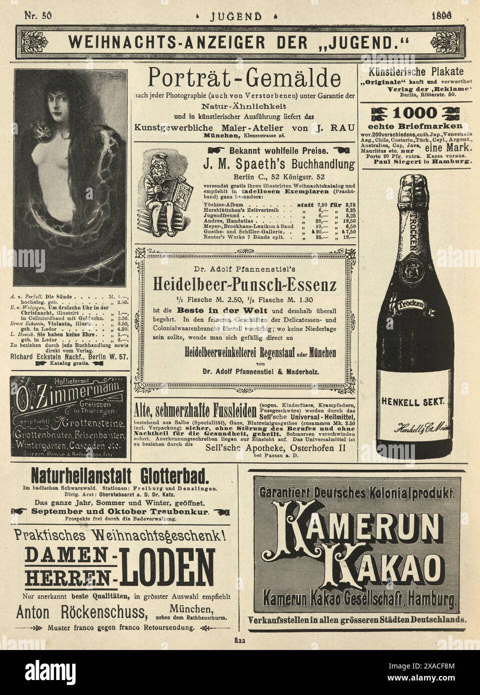 Pagina di vecchie pubblicità di giornali tedeschi, anni '1890, XIX secolo, champagne Foto Stock