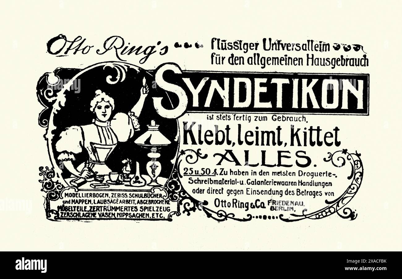 Spot vintage per Syndetikon Glue, di otto Ring, anni '1890, pubblicità del XIX secolo, tedesco Foto Stock