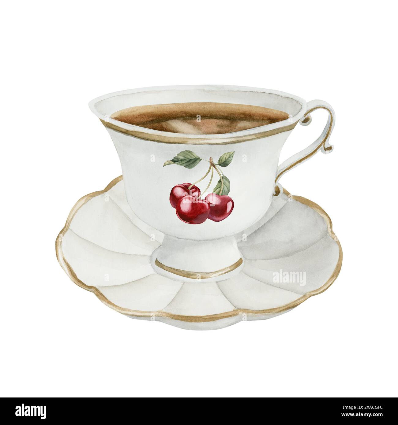 Tazza da tè in porcellana bianca e piattino con ciliegi. Stile vittoriano. Illustrazione ad acquerello dipinta a mano isolata su sfondo bianco. Perfetto per Foto Stock