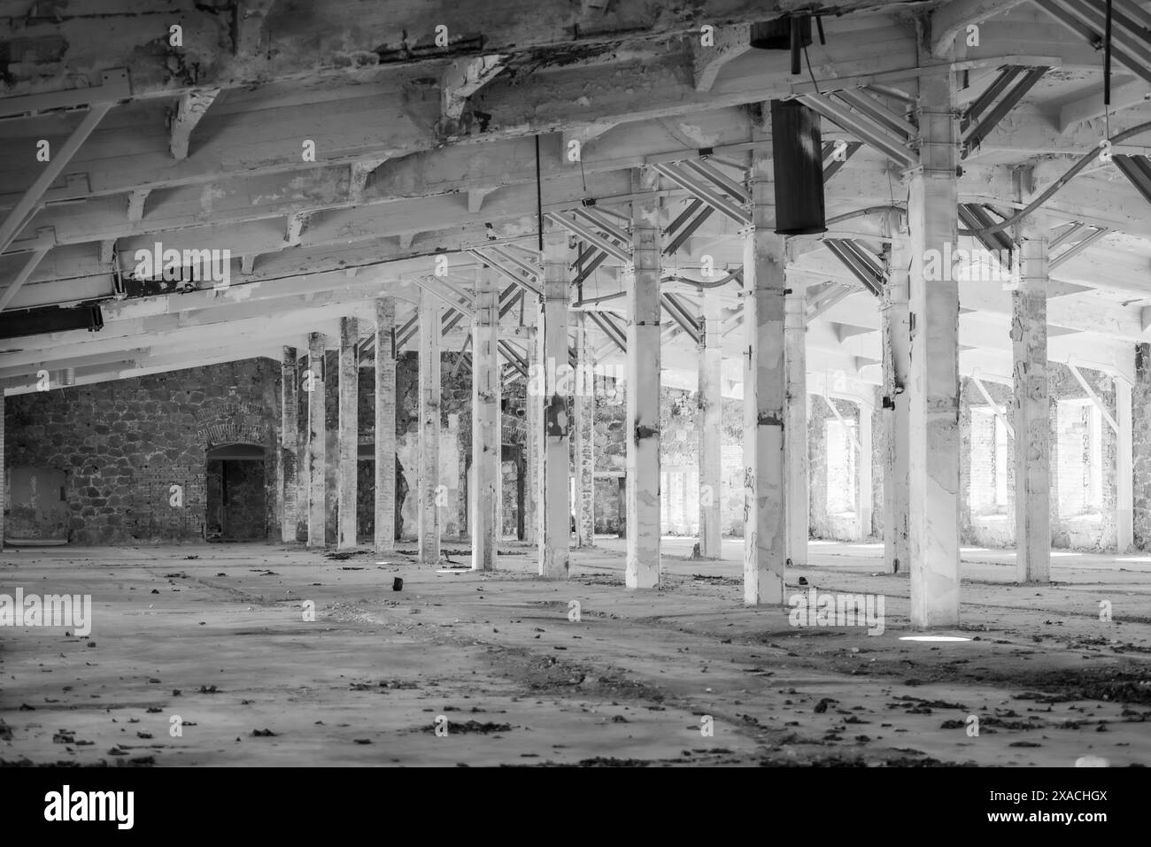 Interno dell'edificio abbandonato della fabbrica di pesce interno della vecchia fabbrica di pesce abbandonata. Foto Stock