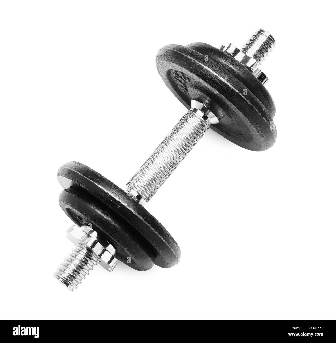 Manubrio in metallo isolato su bianco, vista dall'alto. Attrezzature sportive Foto Stock