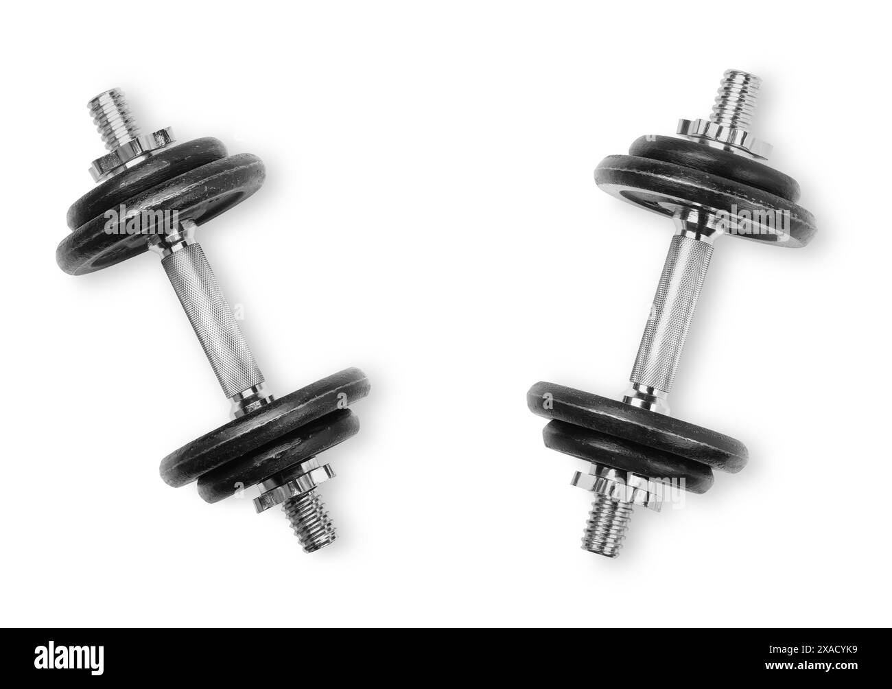 Manubri in metallo isolati su bianco, vista dall'alto. Attrezzature sportive Foto Stock