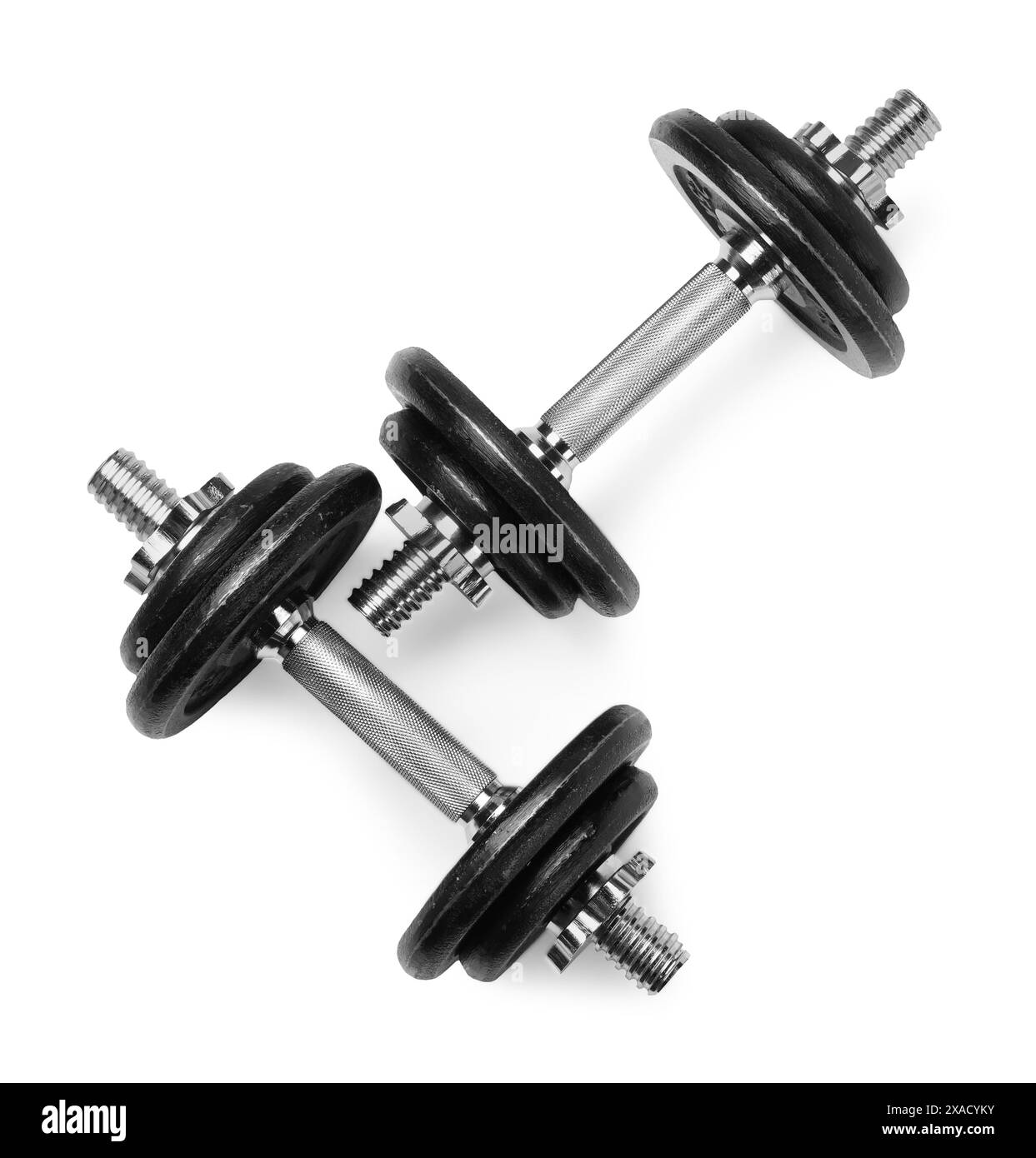 Manubri in metallo isolati su bianco, vista dall'alto. Attrezzature sportive Foto Stock