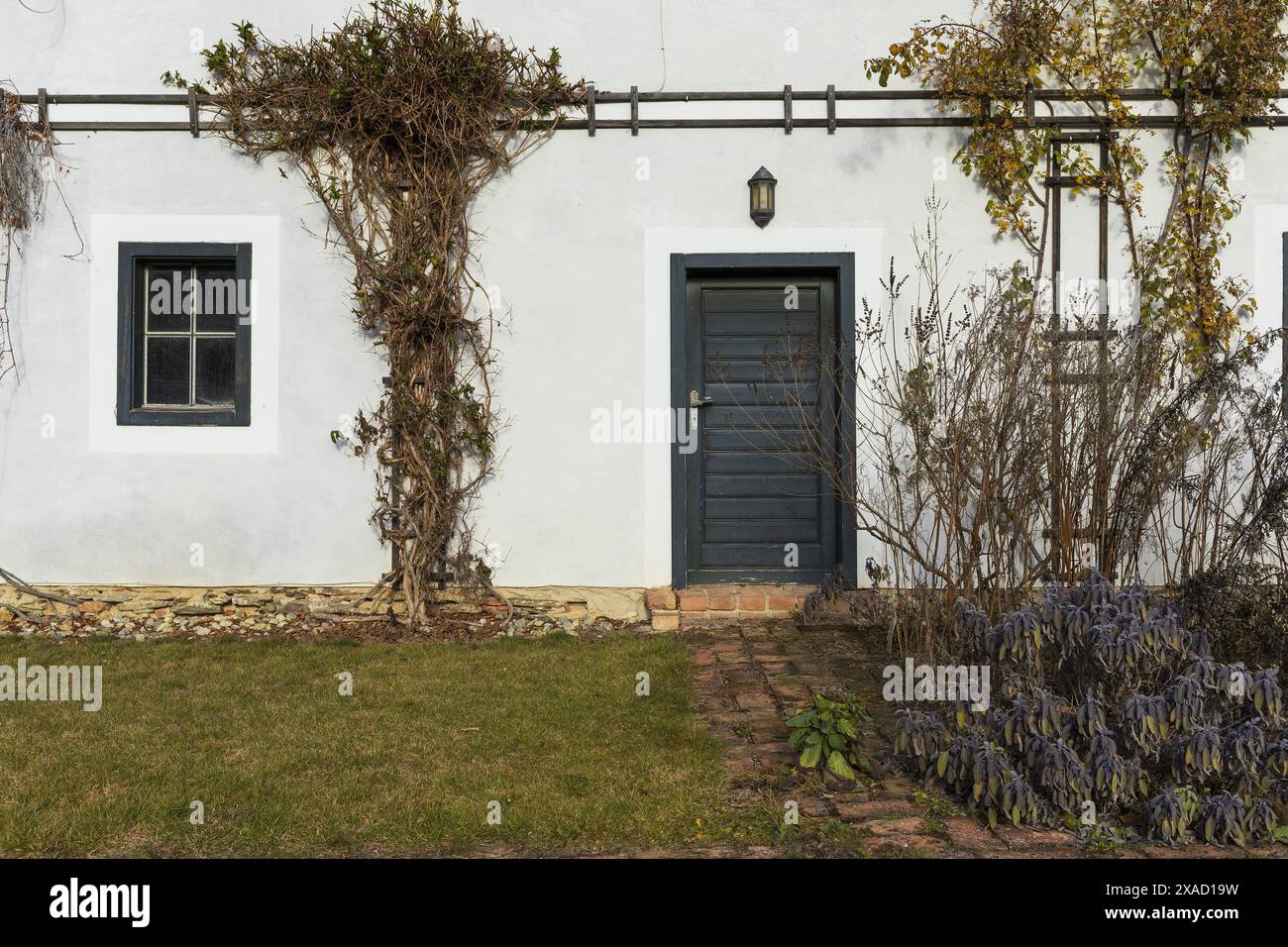 Fotografia di un muro di un antico casale bianco alpino con porta verde in legno, finestra, rampicanti e piccolo prato verde Foto Stock