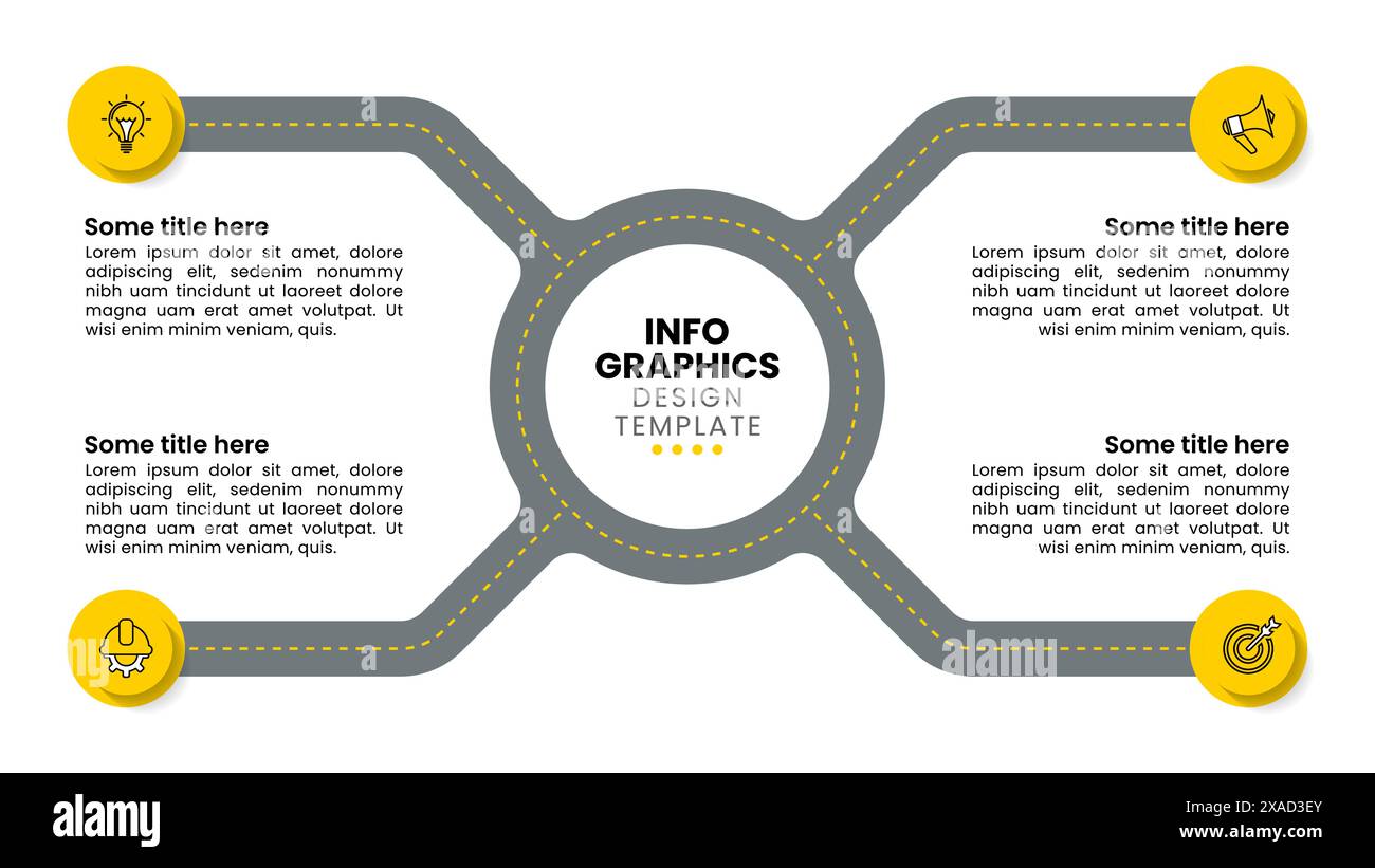 Modello infografico con icone e 4 opzioni o passaggi. Rotatoria. Può essere utilizzato per layout del flusso di lavoro, diagrammi, banner, webdesign. Illustrazione vettoriale Illustrazione Vettoriale