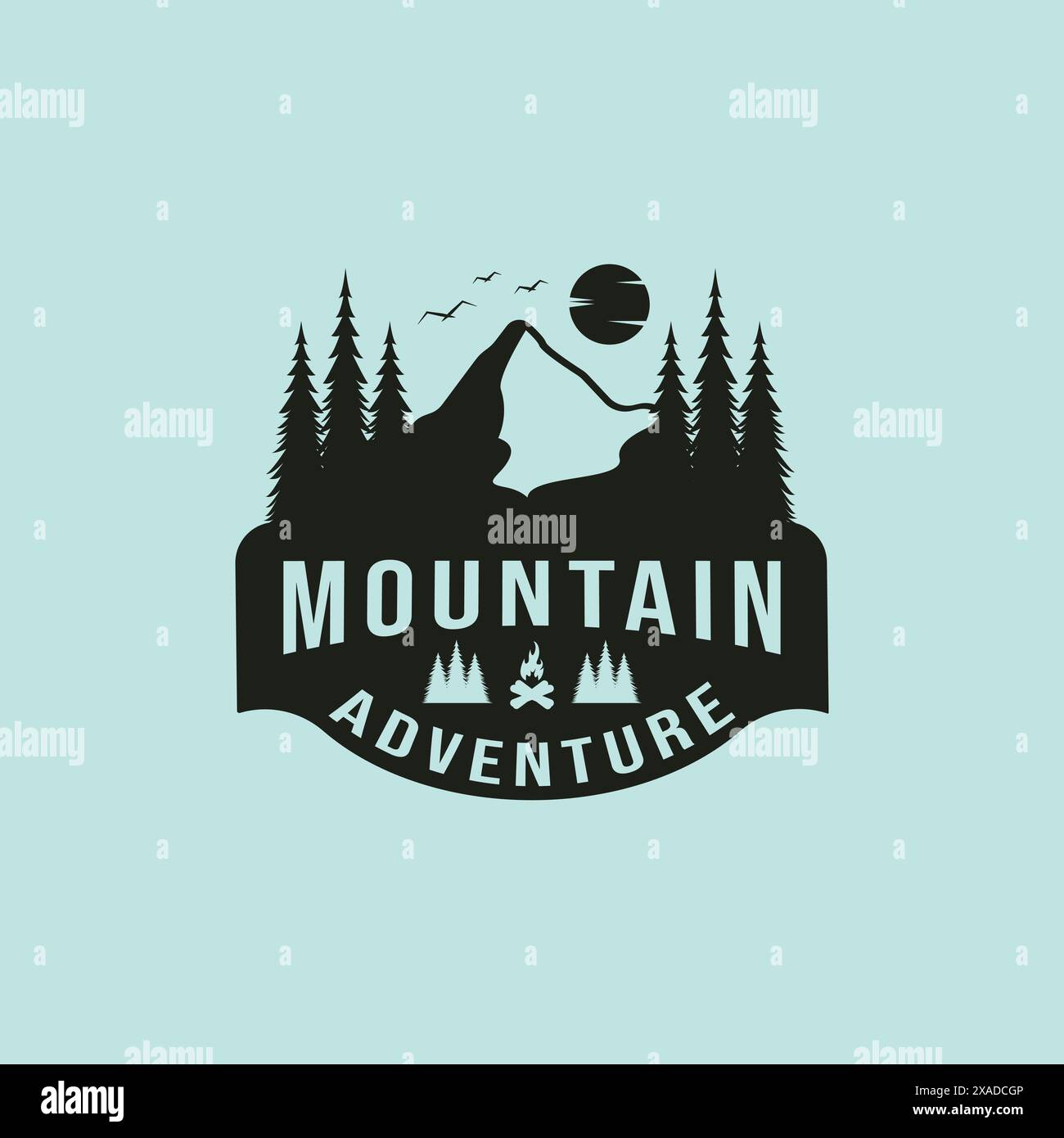 logo mountain vintage con disegno vettoriale foresta e luna Illustrazione Vettoriale