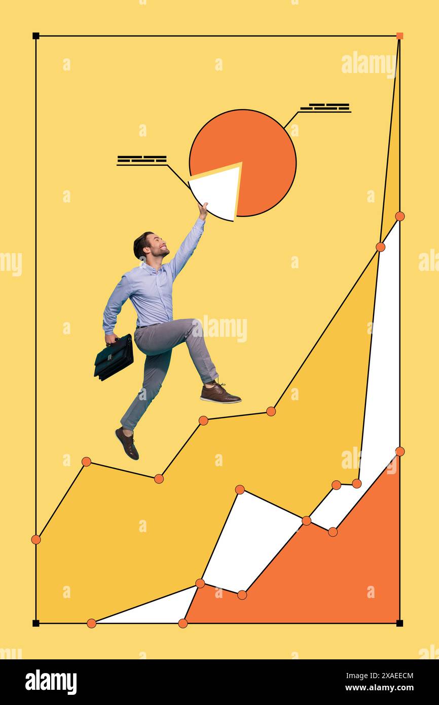 Immagine collage grafica verticale di grafici grafici grafici di mini Guy Jump Run grafici isolati su sfondo creativo Foto Stock