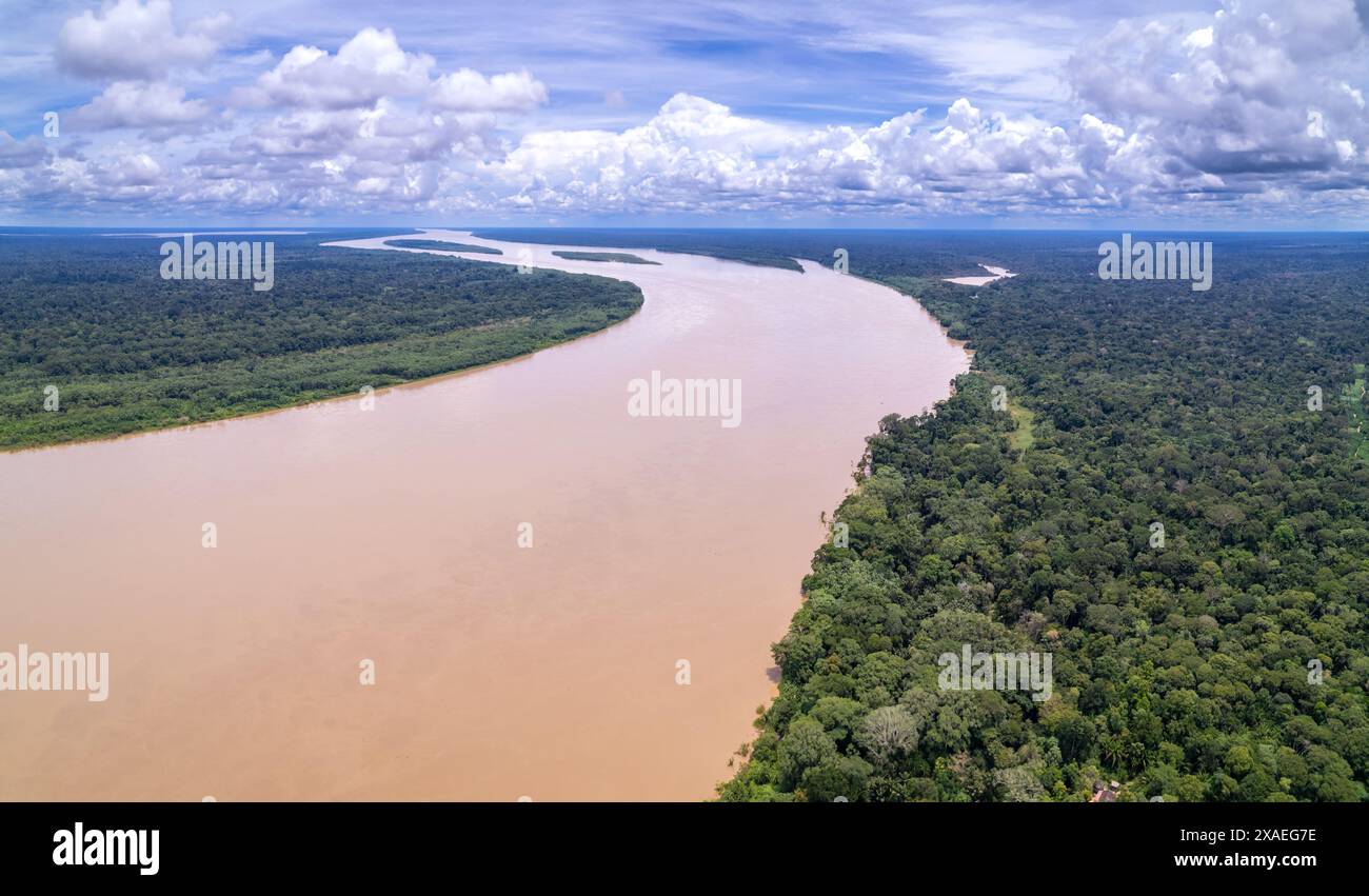 Splendido paesaggio della foresta pluviale amazzonica. Vista aerea dei droni della foresta e del fiume Madeira. Concetto di conservazione, ambiente, ecologia, natura, co2 Foto Stock