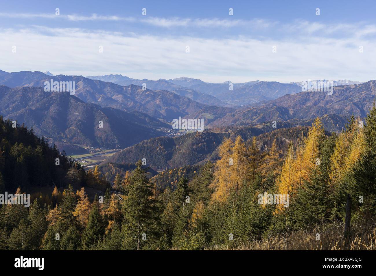 Foto panoramiche delle montagne alpine verso una valle e una foresta in autunno giorno di sole Foto Stock