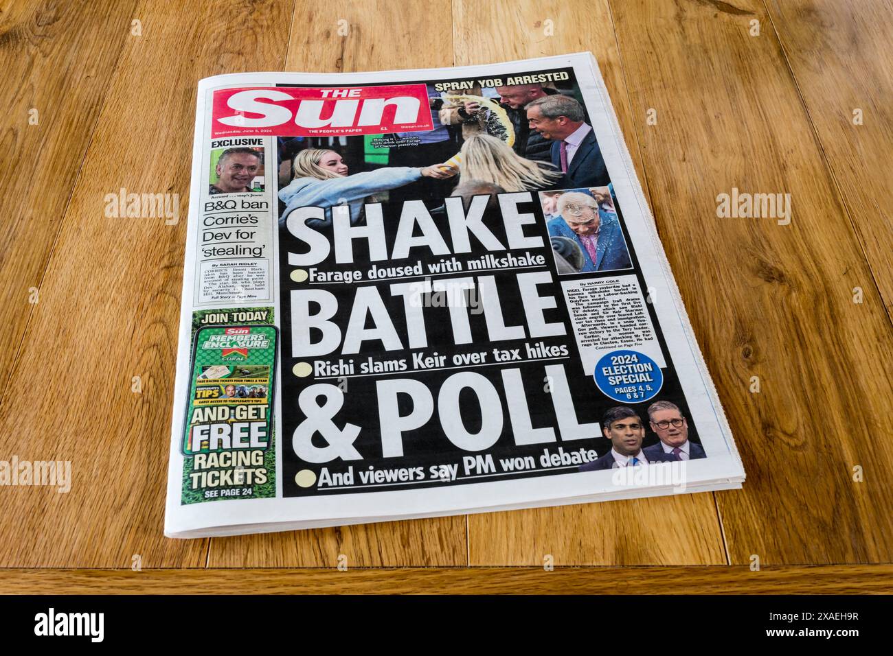 5 giugno 2024. In prima pagina in The Sun c'è Shake Battle & poll dopo che Nigel Farage ha un milkshake gettato su di lui a Clacton. Foto Stock