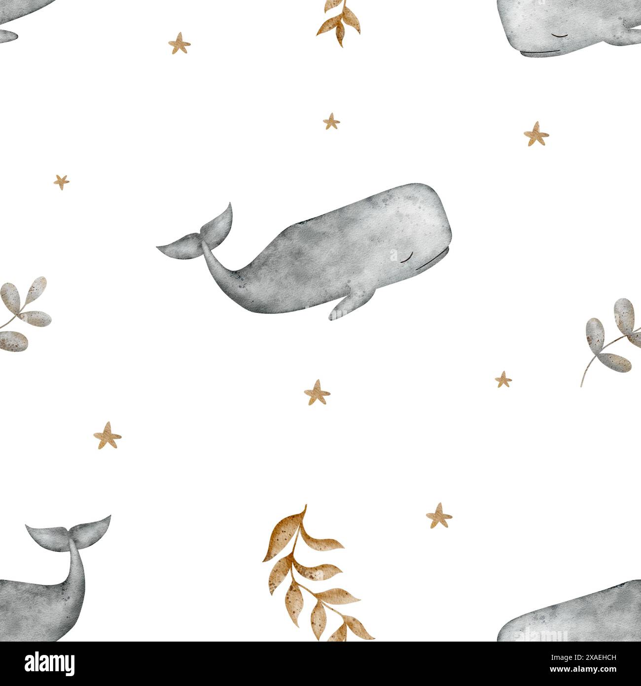 Crea un motivo di capodoglio, cachalot tra stelle e rami di alghe in stile acquerello. Illustrazione per tessuti per bambini, tessuti, imballaggi, schede Foto Stock