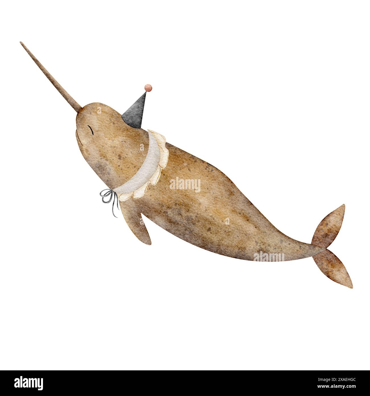 Narwhale vintage in berretto da festa, colletto. Illustrazione in tecnica acquerello per carte, poster, abbigliamento, acquirenti, piatti, adesivi Foto Stock