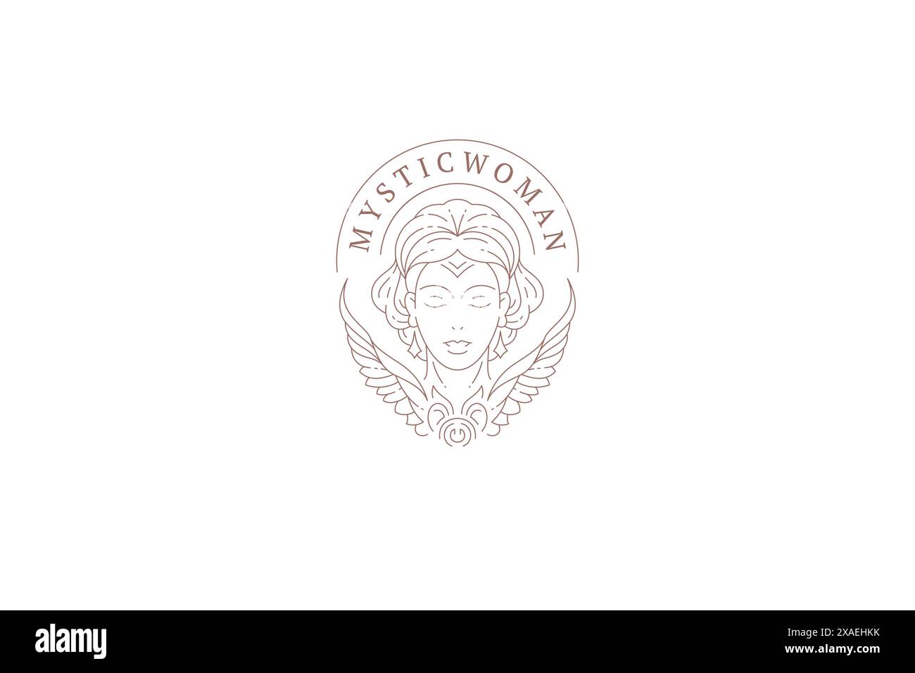 Donna alata mistica sacra bella linea di acconciature modello con logo artistico per illustrazione vettoriale di bellezza. Mitologia ritratto femminile spirituale romano Illustrazione Vettoriale