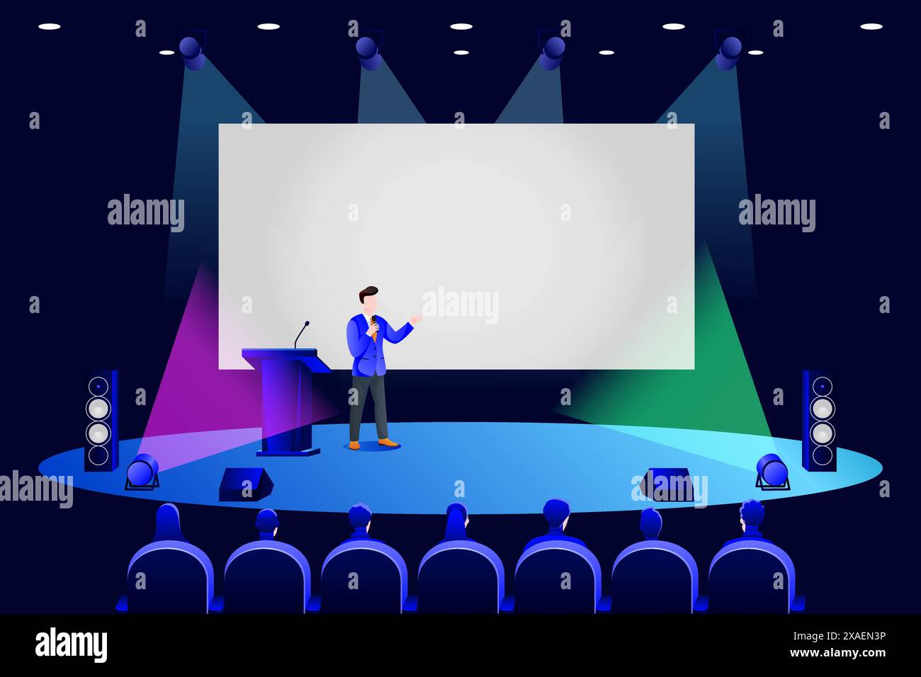 Persone al seminario nella sala conferenze. Illustrazione vettoriale. L'istruttore professionista parla con il pubblico in tribuna sullo schermo di presentazione in un auditor buio Illustrazione Vettoriale