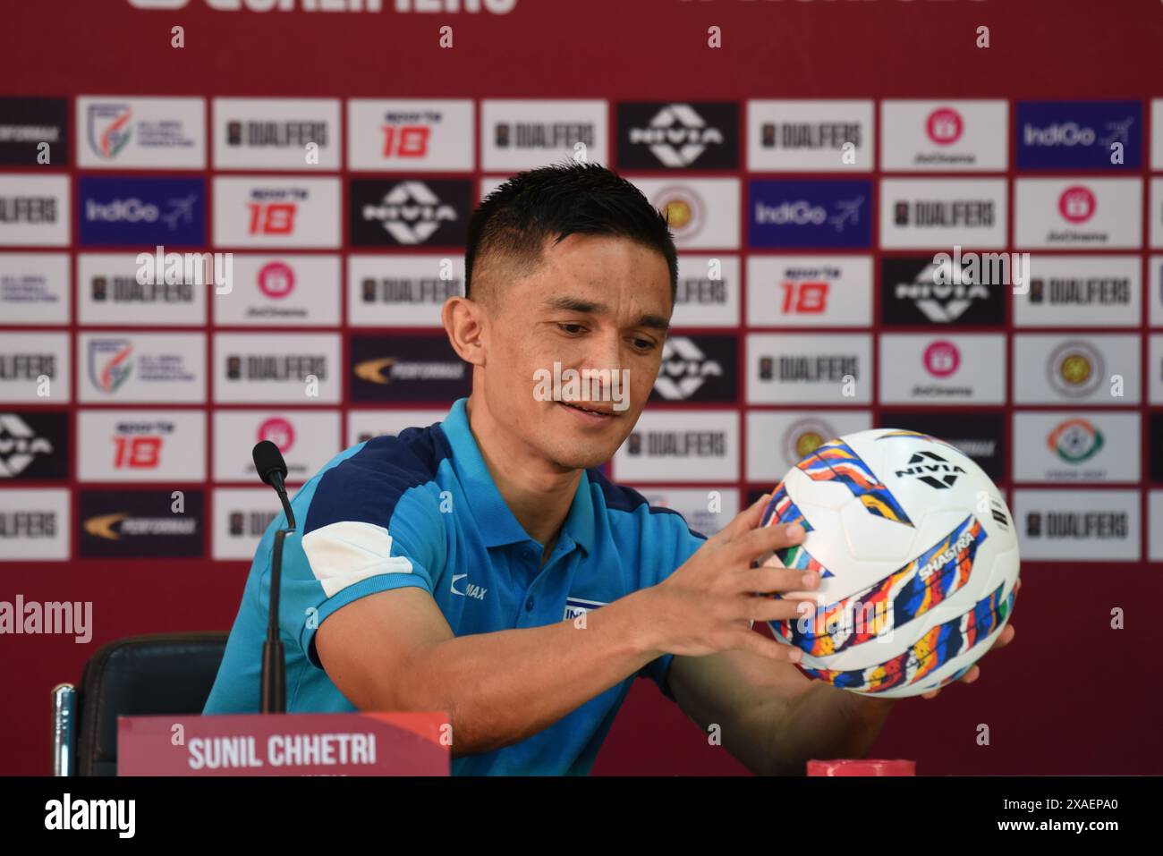 Kolkata, India. 5 giugno 2024. Il capitano indiano Sunil Chhetri partecipa alle conferenze dei media prima della partita preliminare di qualificazione congiunta del secondo turno per la Coppa del mondo FIFA 2026 e la Coppa d'Asia AFC contro il Kuwait. (Credit Image: © Dipa Chakraborty/Pacific Press via ZUMA Press Wire) SOLO PER USO EDITORIALE! Non per USO commerciale! Foto Stock