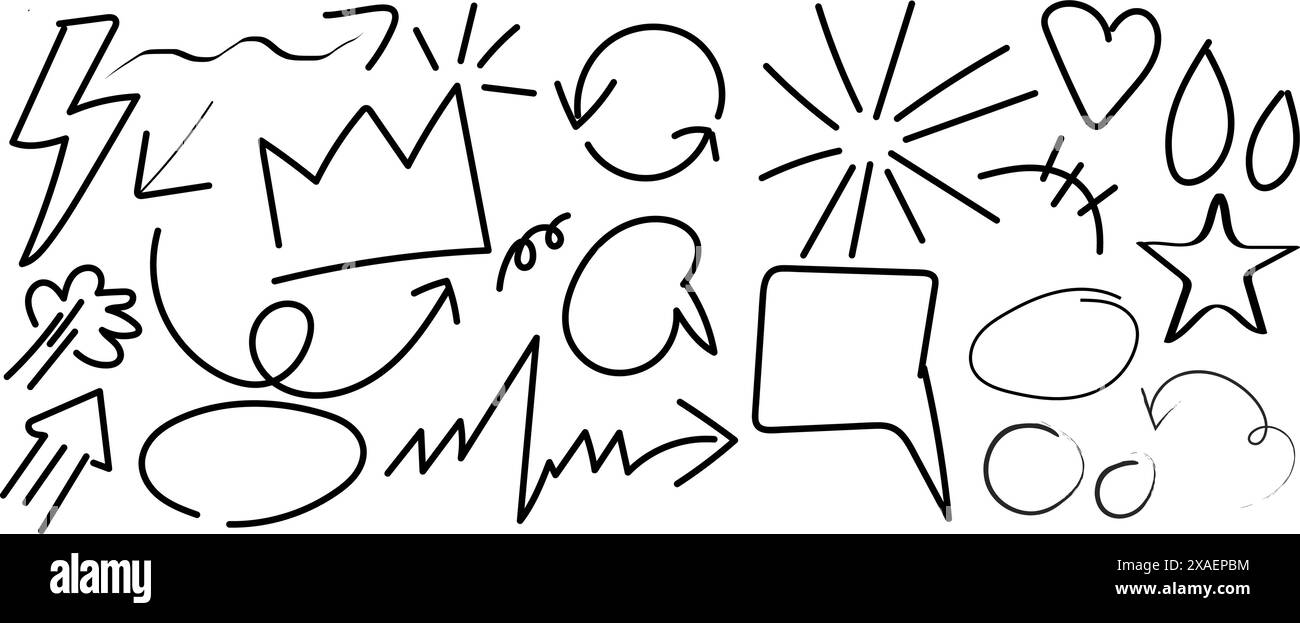 Elementi per scarabocchi con liner per penne a carbone, corona, freccia enfatizzata, bolla vocale, scarabocchio. Illustrazione Vettoriale