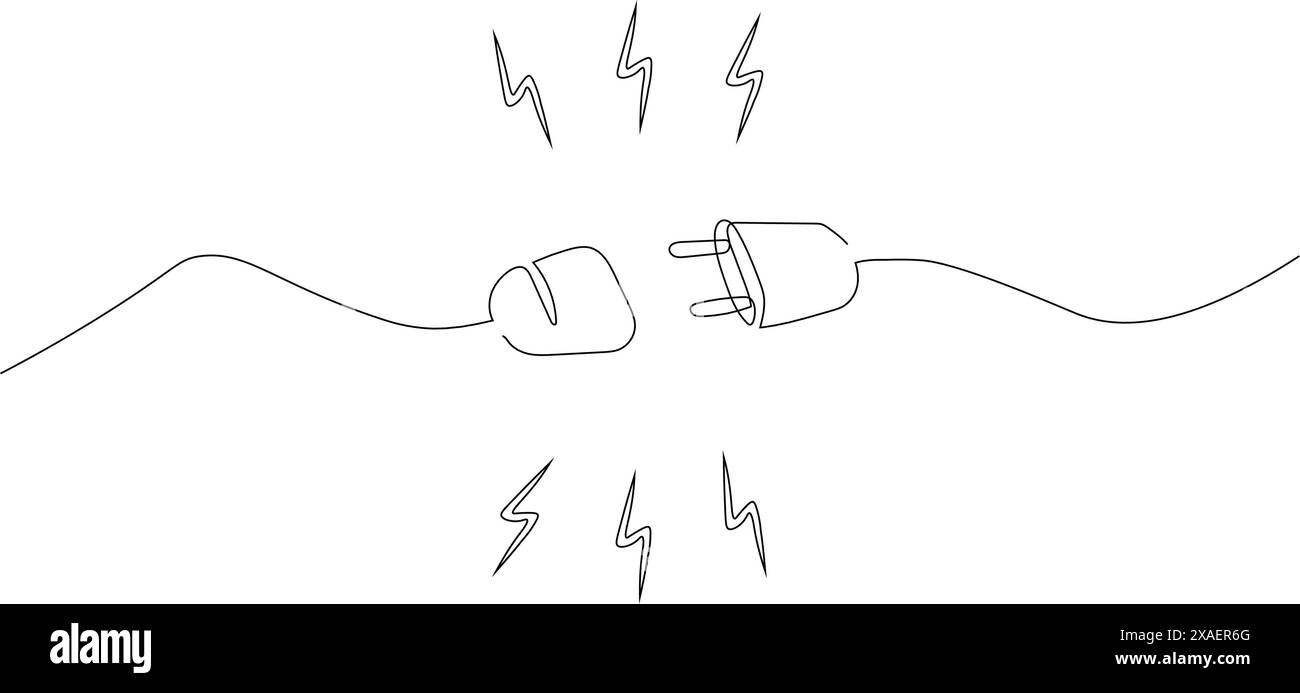 Un disegno continuo della spina da inserire nella presa elettrica. Scollegamento della presa di corrente in uno stile semplice e lineare. Illustrazione Vettoriale
