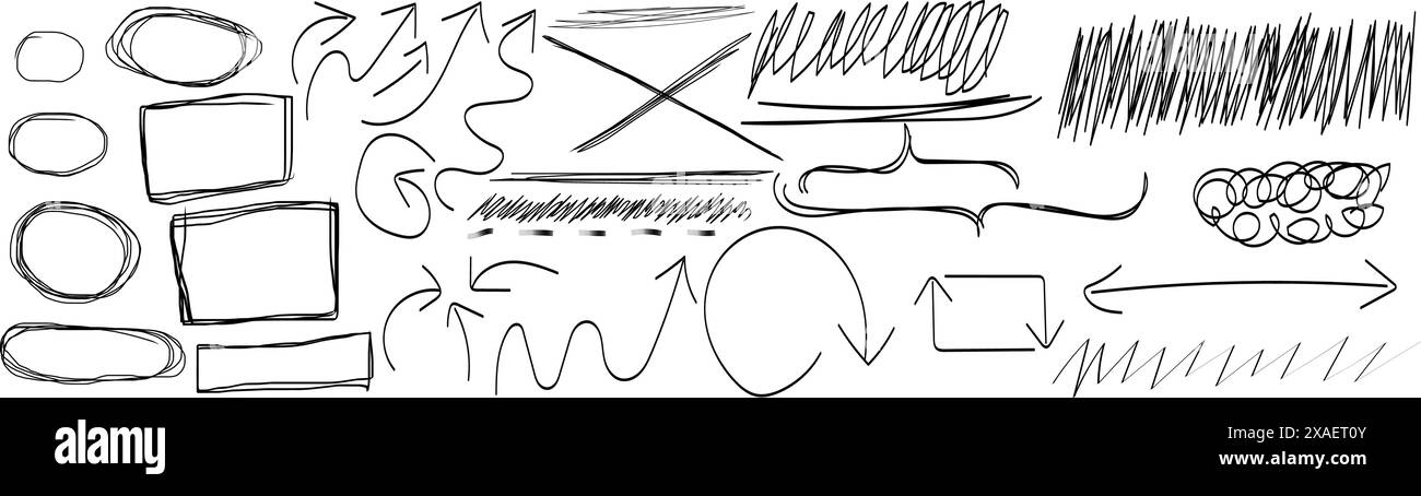 Strisce grunge al carbone, frecce enfatizzate, forme audaci disegnate a mano. Illustrazione Vettoriale