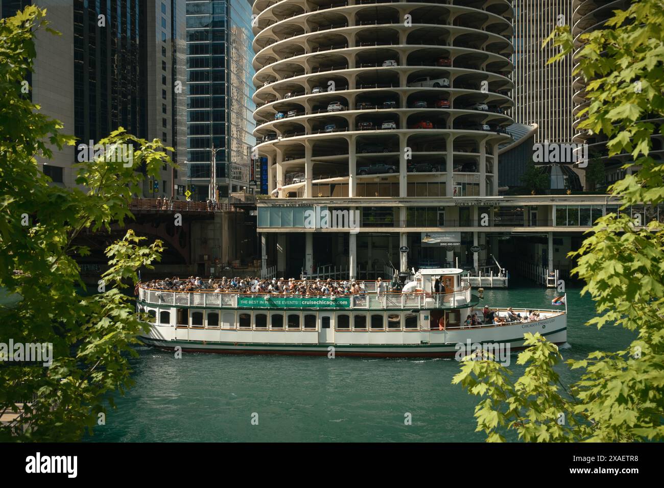 Barca sul fiume Chicago a Chicago, Illinois Foto Stock