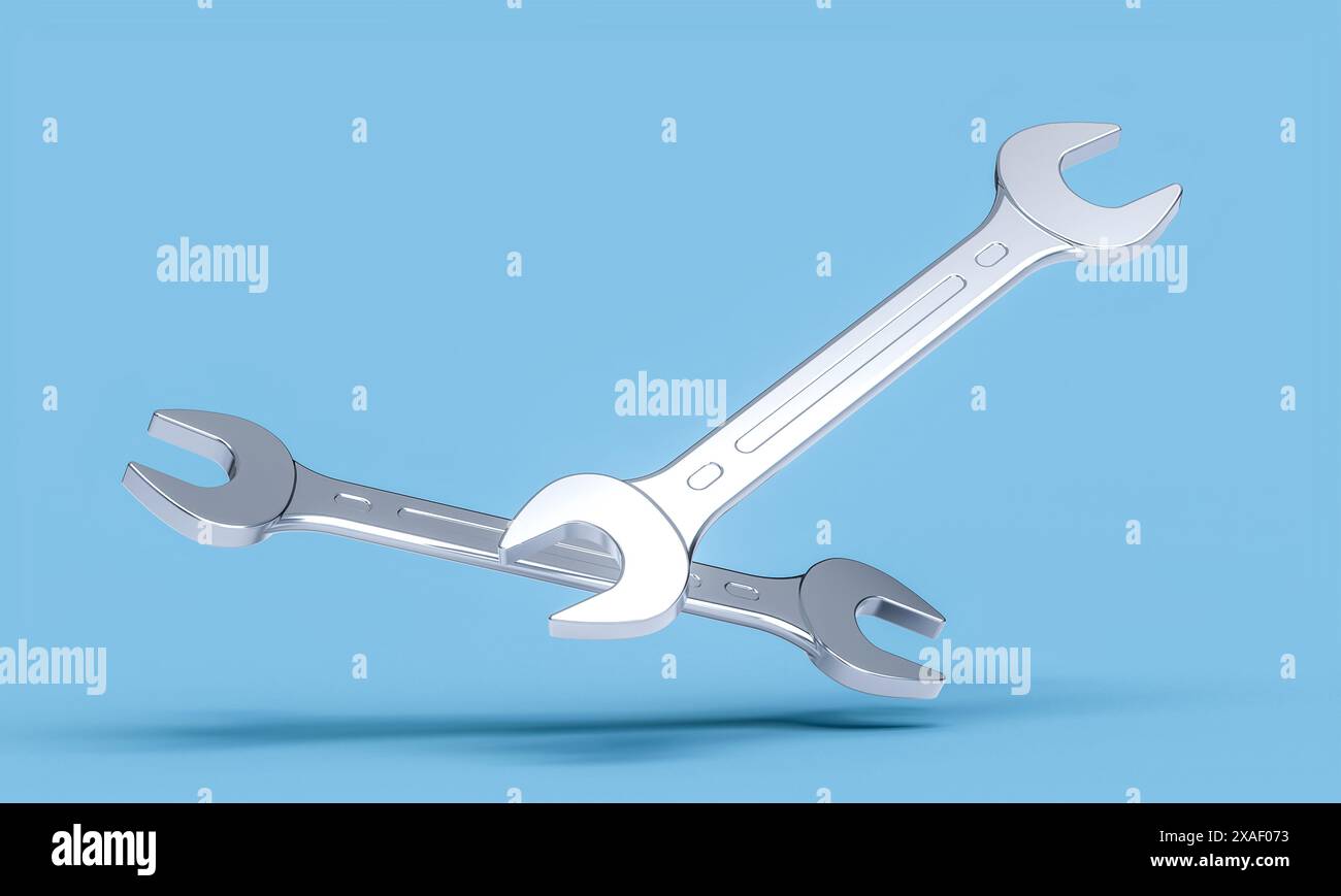 strumenti di rendering 3d con sfondo blu per chiavi cromate Foto Stock