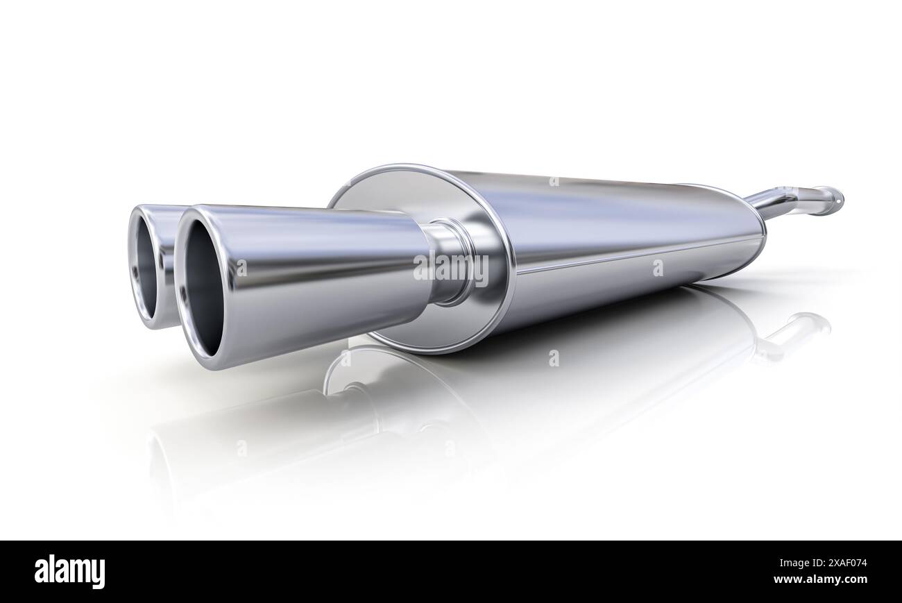 Rendering 3d con doppio tubo di scarico cromato per auto su sfondo bianco Foto Stock