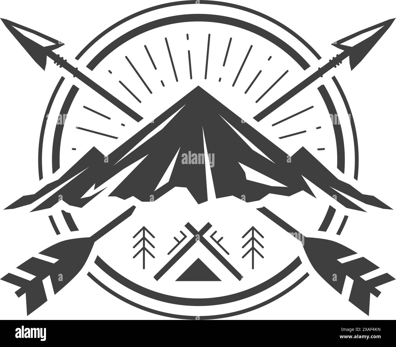 Montagna con freccia incrociata caccia escursionismo tenda da campeggio cerchio vintage line logo disegno vettoriale. Viaggio avventuroso rock sulla scogliera, discoteca Illustrazione Vettoriale