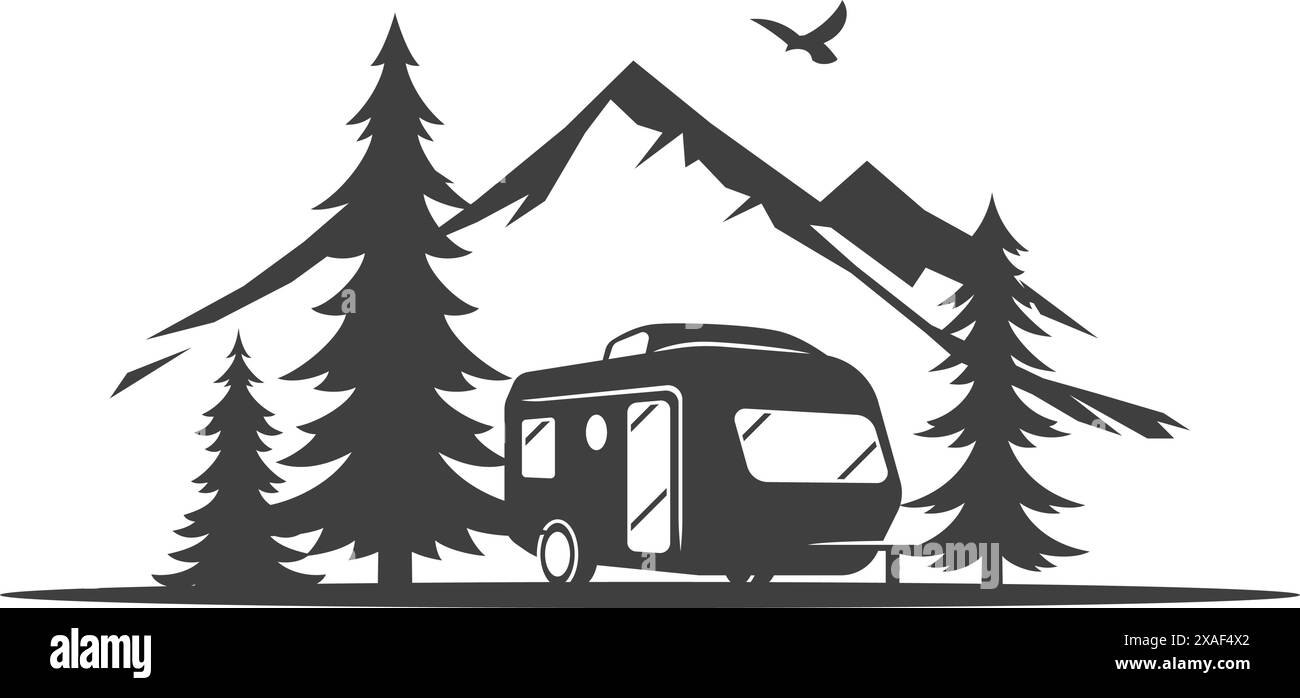 Rimorchio da campeggio montagna foresta abete abete albero arresto vintage icona design vettoriale illustrazione isometrica. Camper trasporto turismo estivo viaggio a. Illustrazione Vettoriale