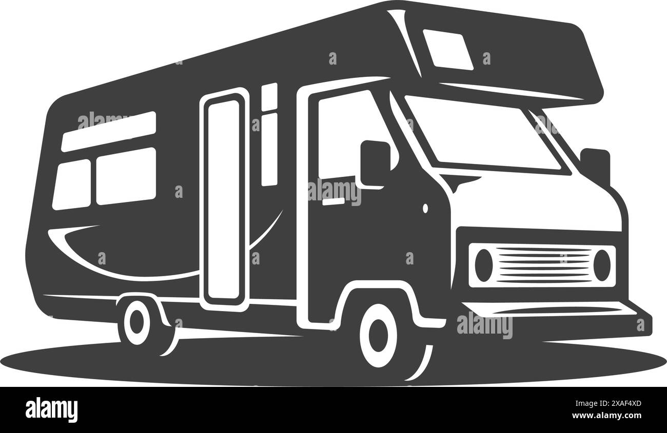 Campeggi camper auto turismo viaggio trasporto auto familiare icona isometrica vintage immagine vettoriale. Rimorchio per veicoli ricreativi con camper Illustrazione Vettoriale