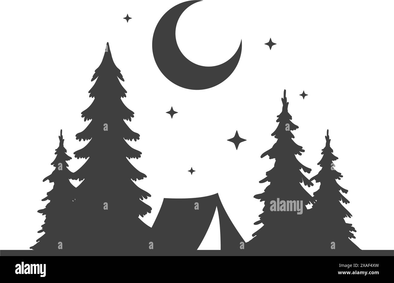 Tenda da da campeggio Halt foresta di abeti notte mezza luna stelle monocromatica icona vintage design vettoriale. Campeggio Expedition, escursioni estive e viaggi avventurosi Illustrazione Vettoriale