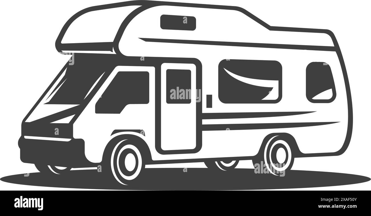 Camper camper viaggio su strada camion trasporto camper vacanze estive in famiglia illustrazione vettoriale con icona vintage isometrica. Comfort per campeggiare Illustrazione Vettoriale