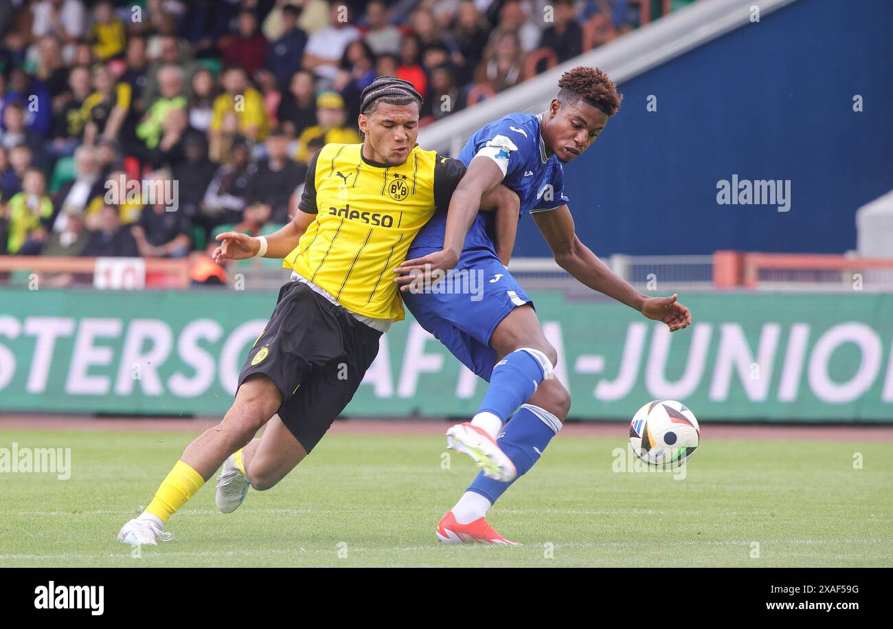 Oberhausen, Germania. 30 maggio 2024. Firo: 30.05.2024, calcio, calcio, gioventù, U19, a-Youth German Championship Final, stagione 2023/2024, A Juniors, Juniors Bundesliga U-19 BVB Borussia Dortmund - U-19 TSG 1899 Hoffenheim duelli da sinistra a destra Paris Brunner contro Kelvin Frees Credit: dpa/Alamy Live News Foto Stock