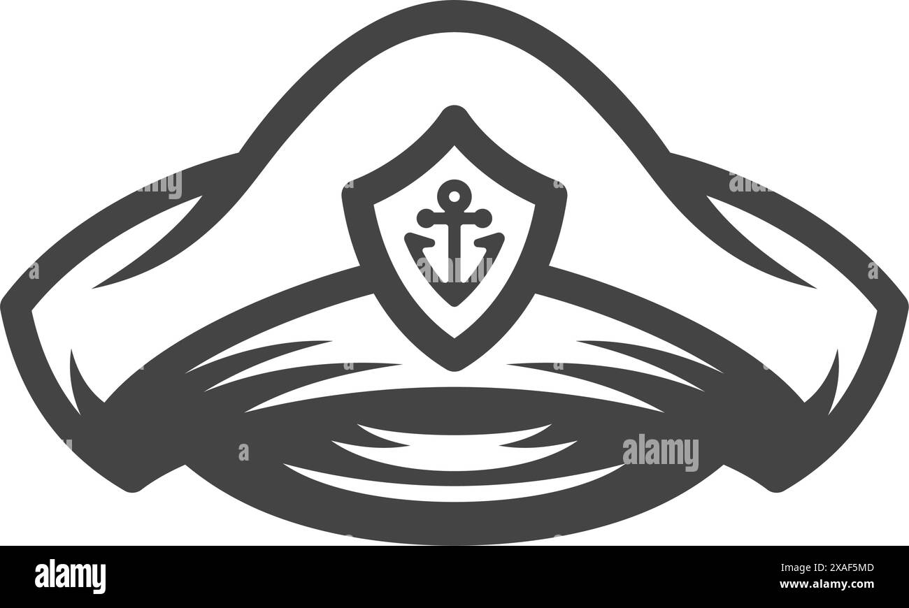 Capitano cappello marinaio con visiera ancora copricapo marino icona vettoriale nero nero monocromatico. Mariner Cap ammiraglio comandante hea Illustrazione Vettoriale