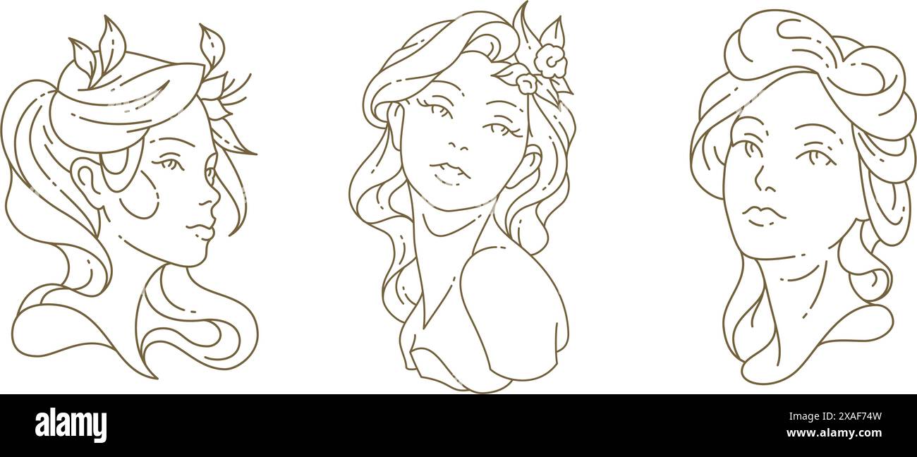 Donna elegante con ritratto di fiori, statua antica del busto della dea, set di logo art, illustrazione vettoriale. Romantica bellezza femminile viso floreale botanico blo Illustrazione Vettoriale