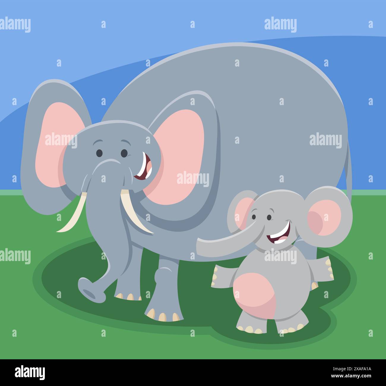 Illustrazione a cartoni animati di divertente elefante mamma personaggio animale con baby elefante Illustrazione Vettoriale