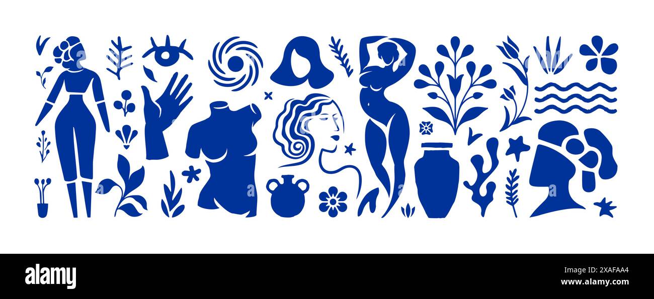 Figure femminili Matisse ispirate allo stile contemporaneo in uno stile minimal alla moda con elementi di design. Collage vettoriale di corpi femminili e creativi Illustrazione Vettoriale
