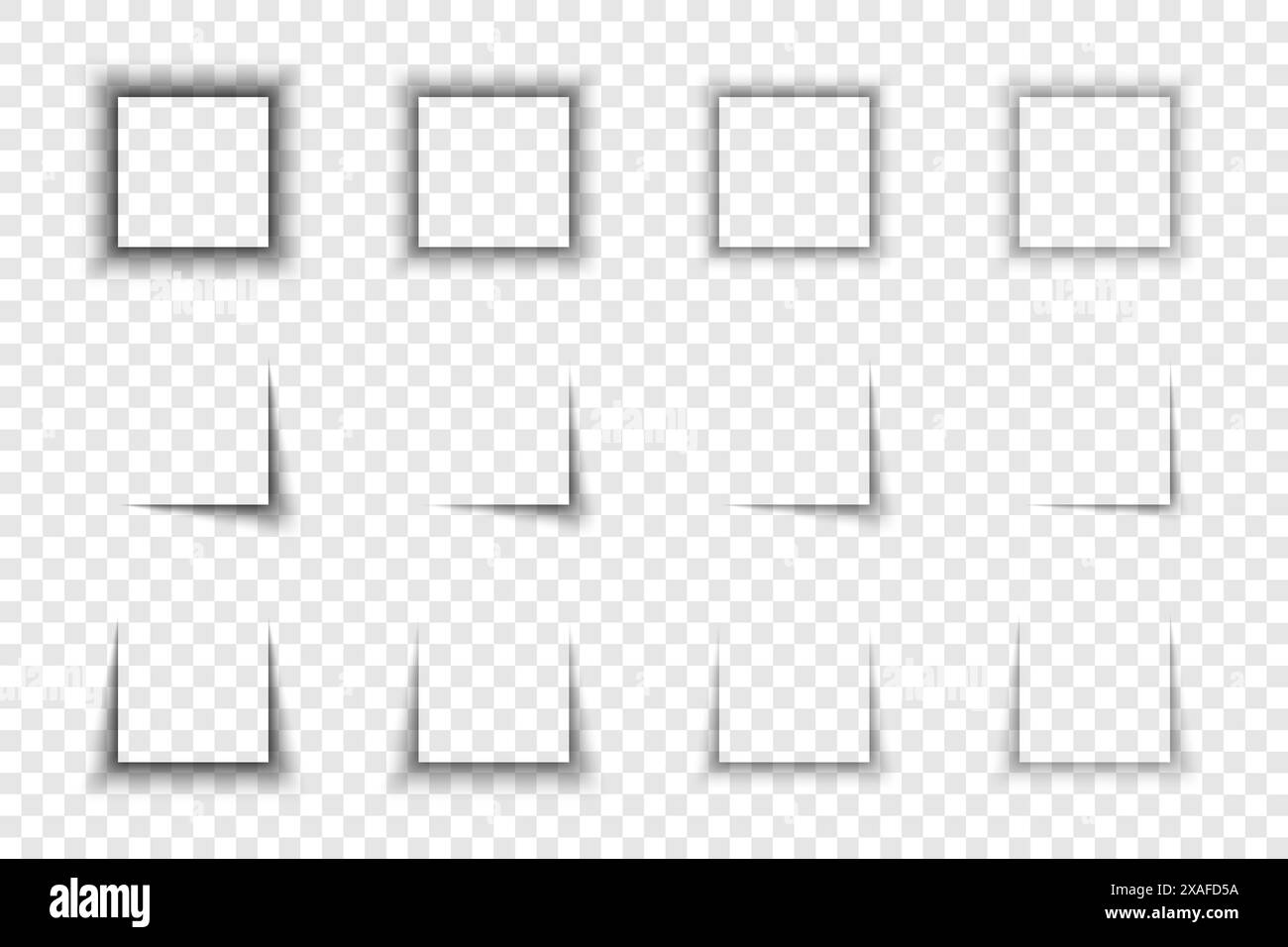 Ombre scatolate e carta con bordi morbidi isolati su sfondo trasparente. Ombra quadrata vuota - elementi per i modelli di banner pubblicitari. Ve realistico Illustrazione Vettoriale
