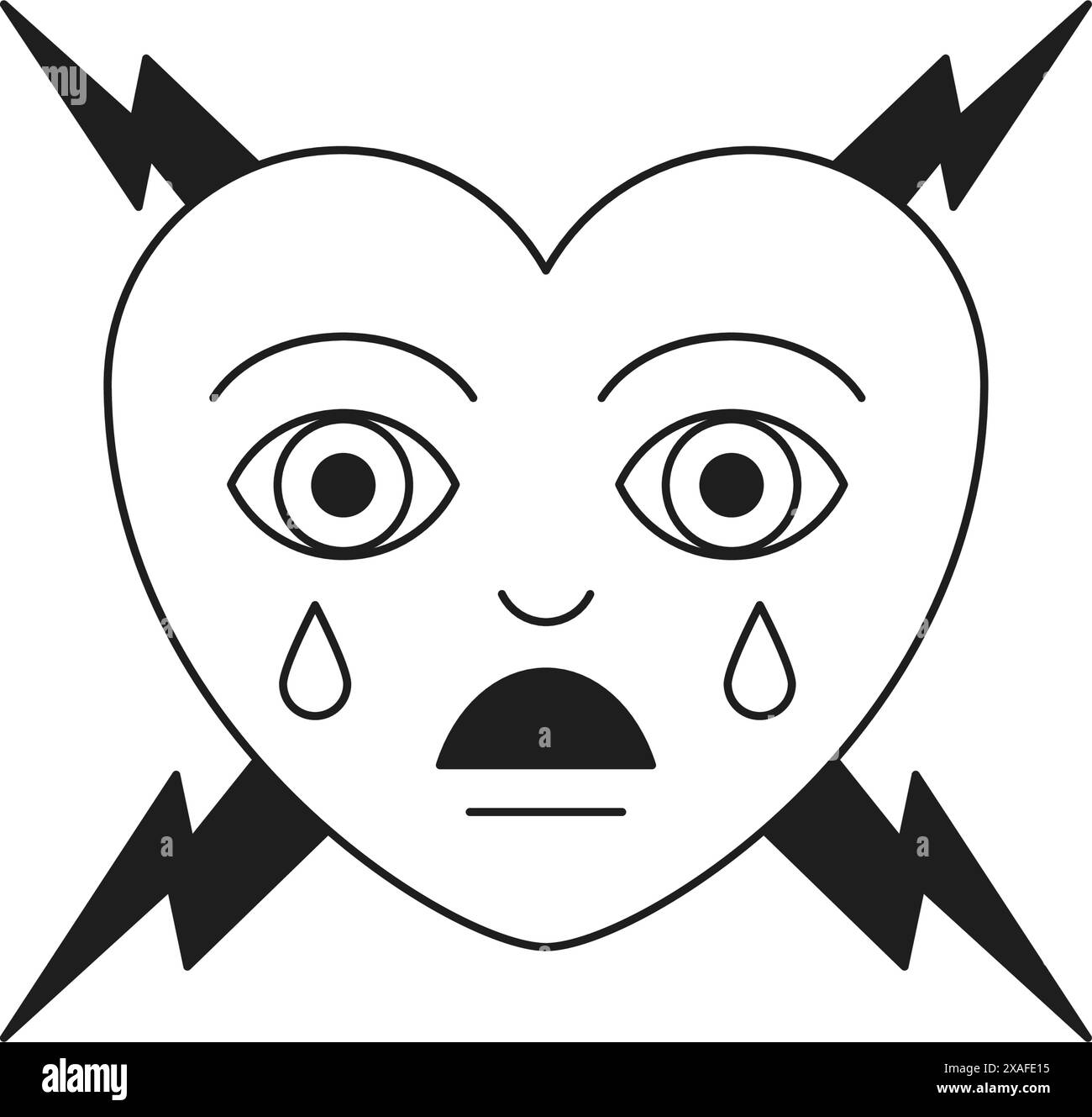 Y2K Sad Crying Heart con fulmine linea monocromatica personaggio cartoni animati icona Groovy illustrazione vettoriale. Infelice simbolo di amore perduto amour enamore Illustrazione Vettoriale