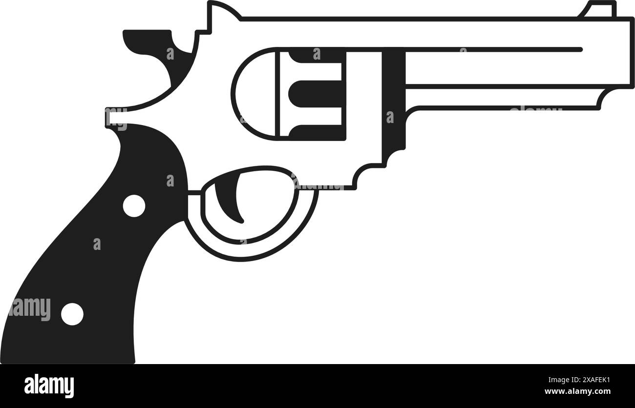 Y2K retro revolver pistola pistola a mano linea monocromatica icona scanalata illustrazione vettoriale. Pistola militare criminale sparatutto d'epoca per difesa e attacco Illustrazione Vettoriale