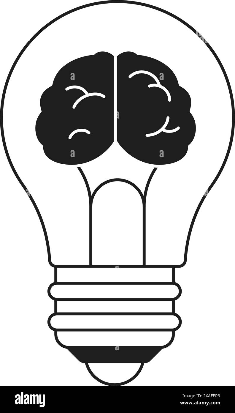 Lampadina astratta Y2K con cervello umano idea di innovazione intelligente linea monocromatica retro scanalato icona vettoriale. Luce intelligente min Illustrazione Vettoriale