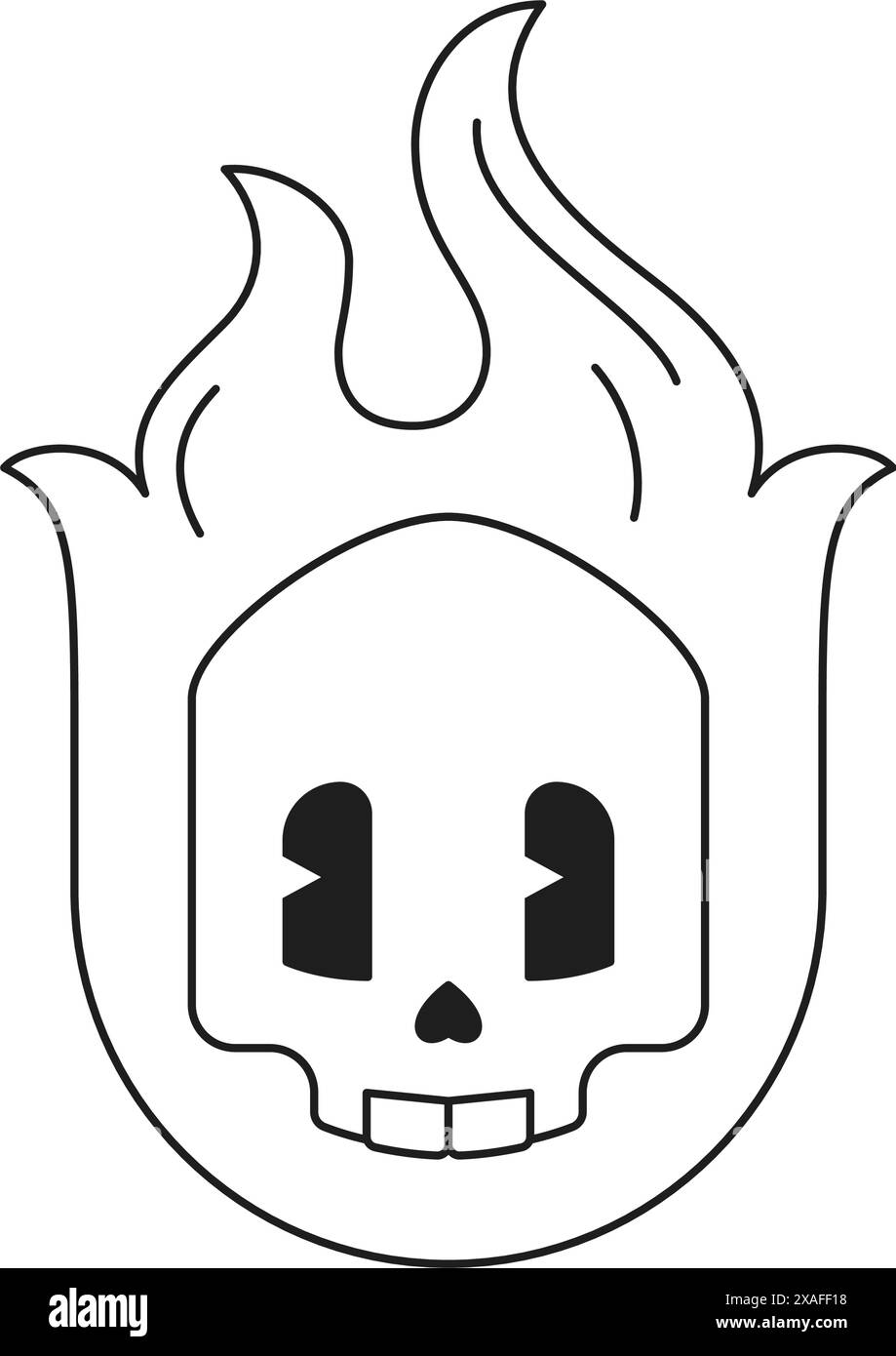 Y2K fuoco teschio fiammeggiante Halloween rock elemento cartoni animati trendy linea monocromatica retro icona scanalata illustrazione vettoriale. Testa scheletrica con materiale infiammabile Illustrazione Vettoriale