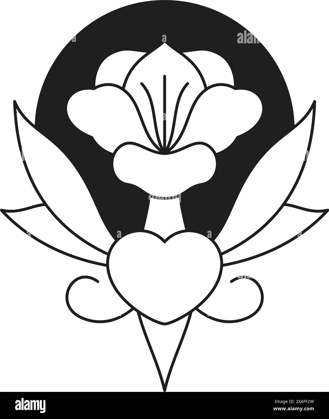 Y2K antico fiore mitologico con cuore simbolo d'amore linea monocromatica retro scanalato icona vettoriale. Antico mistico fumetto sacro floreale ele Illustrazione Vettoriale
